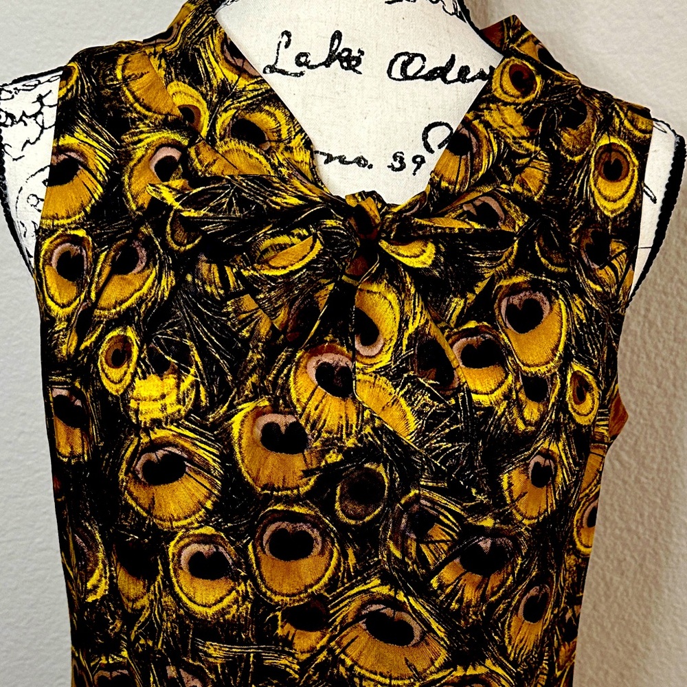 Milly Silk Peacock Print Sleeveless Blouse w/ Neck Tie Detail